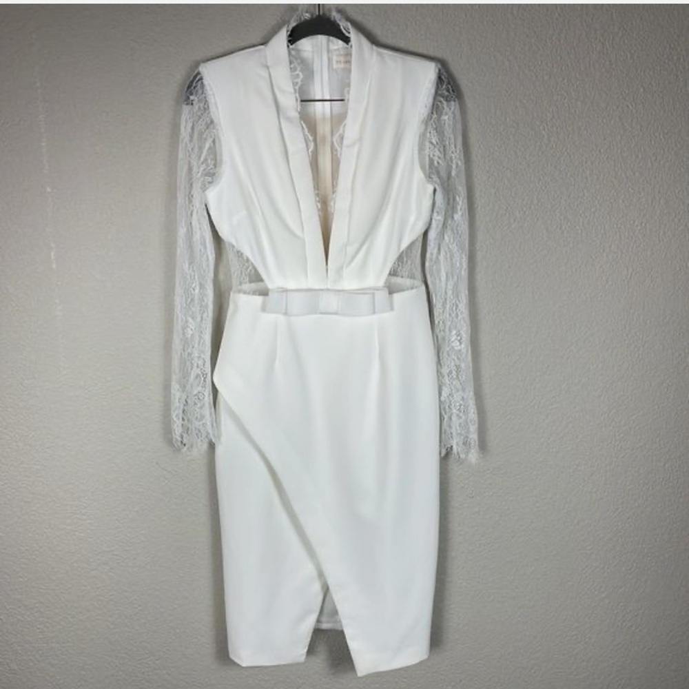 Donnee Par Dieu White Ivory Bridal Dress Lace Long Sleeve Deep V Neck Sz M